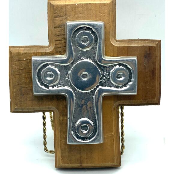 Folk Art Rustic Wood And Pewter Wall‎ Hanging  Cross. - Picture 1 of 9